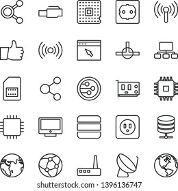 thin line vector icon set - power socket type b vector, f, thumb up, screen, big data server, processor, satellite dish, SIM card, connection, connections, scheme, cpu, pc, router, network, browser