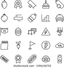 thin line vector icon set - danger of electricity vector, add bookmark, minus, label, pennant, negative histogram, question, toys over the cot, winch hook, car, Hot Dog, birthday cake, medlar, melon