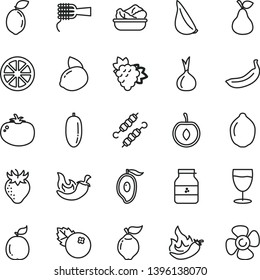 thin line vector icon set - noodles vector, lettuce in a plate, meat on skewers, tomato, chili, garlic, glass, jar of jam, blueberries, pear, branch grape, quince, strawberry, half mango, date fruit