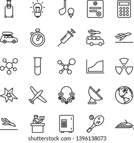 thin line vector icon set - calculator vector, test tube, molecule, nuclear, bulb, growth graph, satellite antenna, syringe, stopwatch, patente, bang, earth, plane, car baggage, rolling suitcase