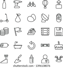 thin line vector icon set - floppy disk vector, counterclockwise, chest of drawers, measuring bottle for feeding, roly poly doll, child Kick scooter, trowel, drill, bath, building level, flag, coins