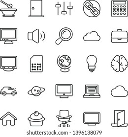 thin line vector icon set - laptop vector, monitor, spectacles, plates and spoons, house, bulb, ntrance door, screen, volume, muffin, retro car, SIM, briefcase, chair, cloud, zoom, brain, settings