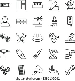 thin line vector icon set - workman vector, brickwork, gears, concrete mixer, window, small tools, cordless drill, arm saw, paint roller, color samples, wooden brush, stepladder, construction level