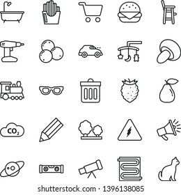 thin line vector icon set - toys over the cradle vector, a chair for feeding child, drill, bath, building level, heating coil, dust bin, big burger, porcini, fried potato slices, pear, blueberries