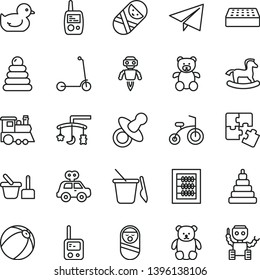 thin line vector icon set - paper airplane vector, toys over the cradle, dummy, new abacus, baby duckling, bath ball, stacking rings, toy, motor vehicle present, roly poly doll, tumbler, phone