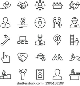 thin line vector icon set - woman vector, workman, garden trolley, employee, index finger, court hearing, goal, scheme, hand shake, handclasp, conversation, scientist, man arrow up, carrer stairway
