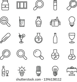 thin line vector icon set - magnifier vector, zoom out, measuring cup for feeding, mercury thermometer, window frame, bulb, a glass of soda, jar jam, bottle, round flask, light, test tube, wine