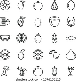 thin line vector icon set - small fish vector, a pineapple, pomegranate, fig, mango, half of, passion fruit, sweet date, lime, kiwi, tamarillo, sour, orange, piece coconut, slice, part guava, hotel