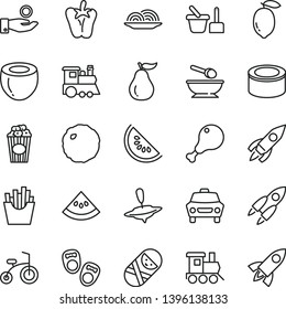 thin line vector icon set - tumbler vector, toy sand set, deep plate with a spoon, baby train, children's, small yule, child bicycle, shoes for little children, car, canned goods, onion, chicken leg