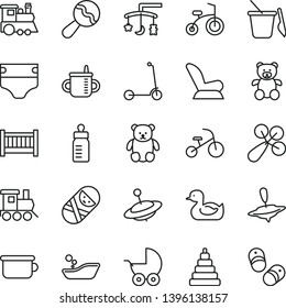 thin line vector icon set - baby cot vector, toys over the cradle, mug for feeding, bottle, diaper, beanbag, rattle, car child seat, stroller, rubber duck, children's bathroom, stacking toy, tumbler