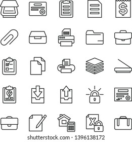 thin line vector icon set - clip vector, clean paper, folder, upload archive data, download, estimate, pile, suitcase, drawer, notes, survey, portfolio, statistical overview, financial item, printer