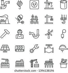 thin line vector icon set - tower crane vector, hook, winch, concrete mixer, sewerage, power socket type b, helmet, plummet, hammer, sea port, solar panel, wind energy, valve, water pipes, factory