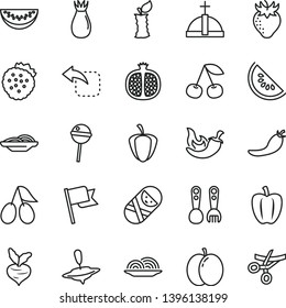 thin line vector icon set - tumbler vector, plastic fork spoons, small yule, flag, move left, onion, slices of, chili, Chupa Chups, strawberries, cherry, apple, half pomegranate, strawberry, cornels