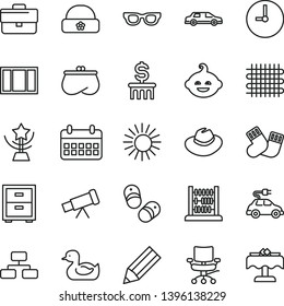 thin line vector icon set - briefcase vector, hat, bedside table, rubber duck, warm socks, funny hairdo, child shoes, abacus, window frame, wall clock, flowchart, weaving, electric car, pencil, sun