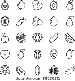 thin line vector icon set - cucumber vector, carrot, strawberry, apple, orange slice, half pomegranate, quince, tasty, medlar, blueberry, blueberries, of water melon, mango, goji berry, date fruit