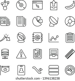 thin line vector icon set - warning vector, graph, archive, upload data, big server, address book, banana, satellite dish, vintage sign, a crisis, statistical report, ring diagram, pie charts, usb
