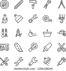 thin line vector icon set - paint roller vector, repair key, scissors, graphite pencil, iron fork spoons, winch hook, garden trolley, small tools, adjustable wrench, measuring tape, plastic brush