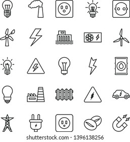 thin line vector icon set - lightning vector, danger of electricity, matte light bulb, power socket type b, new radiator, coffee beans, windmill, wind energy, manufacture, oil, hydroelectric station