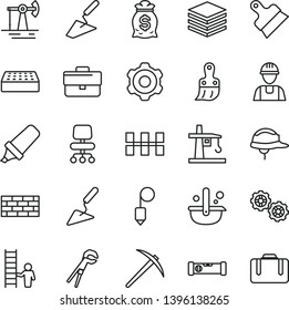 thin line vector icon set - briefcase vector, builder, brickwork, gears, cogwheel, trowel, building, adjustable wrench, plastic brush, construction level, ceramic tiles, helmet, brick, plummet, pile