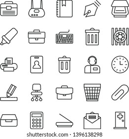 thin line vector icon set - clip vector, briefcase, wicker pot, bin, keyboard, portfolio, drawing, received letter, notebook, suitcase, drawer, operator, text highlighter, wall watch, calculator