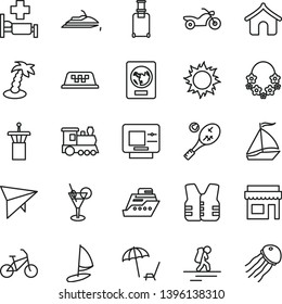 thin line vector icon set - train vector, sail boat, taxi, hang glider, bike, motorcycle, backpacker, airport tower, rolling suitcase, passport, atm, boungalow, arnchair under umbrella, sun, tennis
