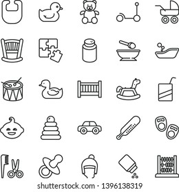 thin line vector icon set - cradle vector, baby cot, dummy, powder, bib, carriage, mercury thermometer, rubber duck, duckling, children's bathroom, accessories for a hairstyle, stacking rings, e
