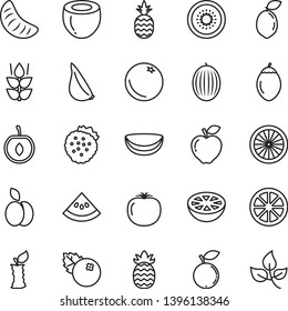 thin line vector icon set - garlic vector, blueberries, strawberries, a pineapple, apple, orange, mint, red, blueberry, melon, slice of tangerine, half cherry, juicy lemon, kiwi, tamarillo, water