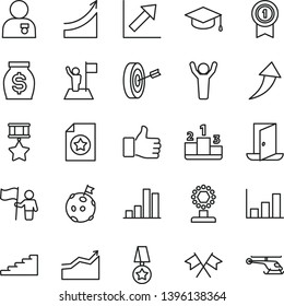 thin line vector icon set - growth chart vector, square academic hat, pedestal, bar, money, graph, finger up, cup, stairway, arrow, man hands, with medal, flag, on moon, hold, purpose, pennant, star