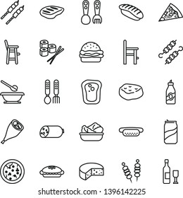 thin line vector icon set - plates and spoons vector, a chair for feeding, child, plastic fork, iron, sausage, cheese, fried vegetables on sticks, pizza, piece of, mini hot dog, burger, pie, chop