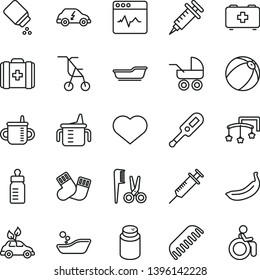thin line vector icon set - heart symbol vector, toys over the cot, mug for feeding, measuring cup, bottle, powder, baby, carriage, sitting stroller, electronic thermometer e, bath ball, comb