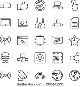 thin line vector icon set - power socket type b vector, star, thumb up, screen, big data server, autopilot, processor, satellite dish, SIM card, connection, scheme, hierarchical, cpu, pc, router