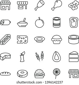 thin line vector icon set - kiosk vector, sausage, stick of, piece cheese, loaf, canned goods, tin, fried vegetables on sticks, Hot Dog, burger, cake, with a hole, bowl buckwheat porridge, thigh