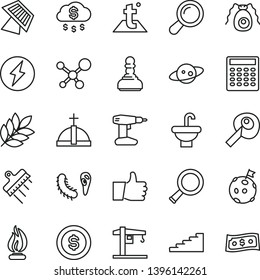 thin line vector icon set - crane vector, drill, washbasin, spatula, temperature, thumb up, molecule, zoom, bactery, flame, calculator, artifical insimination, sun panel, saturn, biology, pawn
