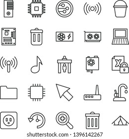 thin line vector icon set - bin vector, zoom, bucket, power socket type b, kitchen faucet, notebook pc, encrypting, supply, tower, motherboard, cpu, gpu card, router, network, folder, trash, note