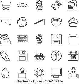 thin line vector icon set - floppy disk vector, monitor, renewal, question, saving light bulb, knife, calendar, drop, muffin, small fish, kiwi, pineapple, factory, accumulator, cart, horn, wall, sun