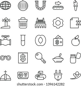 thin line vector icon set - key vector, delete page, a bowl of buckwheat porridge, apricot, water melon, half peach, valve, plug, industrial factory, production conveyor, coastal lighthouse, globe