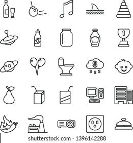 thin line vector icon set - stacking toy vector, e, packing of juice with a straw, children's hairdo, yule, colored air balloons, comfortable toilet, buildings, core, music, pear, bottle, liquor