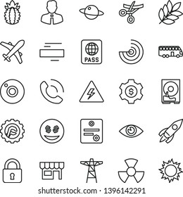 thin line vector icon set - camera vector, danger of electricity, minus, star gear, employee, lock, eye, passport, phone call, kiosk, planet, ripe pineapple, power pole, radiation, rocket, hdd, eyes