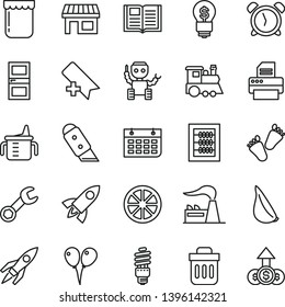 thin line vector icon set - alarm clock vector, add bookmark, measuring cup for feeding, new abacus, children's train, tracks, colored air balloons, interroom door, knife, book, garlic, jam, factory