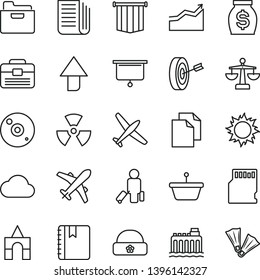 thin line vector icon set - upward direction vector, clean paper, scales, box of bricks, warm hat, portfolio, notebook, folder, hydroelectricity, pan, money, newspaper, cd, sd card, cloud, nuclear