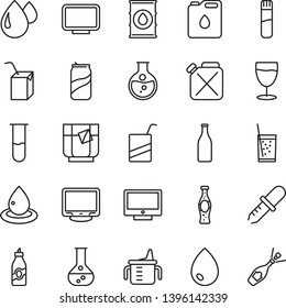 thin line vector icon set - measuring cup for feeding vector, e, packing of juice with a straw, drop, screen, glass soda, tea, can, bottle, liquor, round flask, oil, canister, monitor, test tube