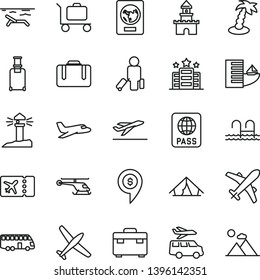 thin line vector icon set - suitcase vector, passport, coastal lighthouse, sand castle, helicopter, dollar pin, plane, bus, passenger, rolling, ticket, departure, hotel, tent, beach, palm tree, pool