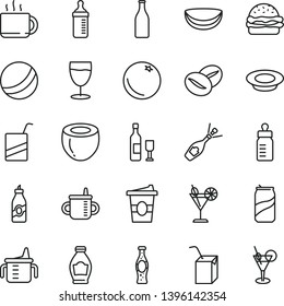 thin line vector icon set - mug for feeding vector, measuring cup, bottle, bath ball, e, packing of juice with a straw, burger, plate milk, coffee beans, tea, coffe to go, cocktail, glass, soda can