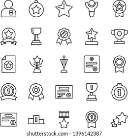 thin line vector icon set - star vector, medal, patente, winner, pedestal, prize, award, gold cup, reward, man with, pennant, first place, ribbon, hero, certificate, three stars