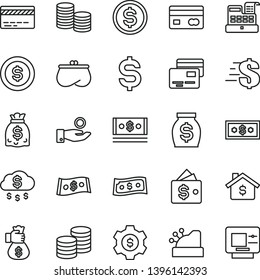 thin line vector icon set - bank card vector, dollar, cards, coins, reverse side of a, denomination the, catch coin, purse, money, dollars, cash, machine, cashbox, bag hand, rain, mortgage, gear