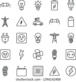 thin line vector icon set - danger of electricity vector, matte light bulb, saving, power socket type b, f, lightning, fan screw, charge level, charging battery, accumulator, line, pole, plug, car