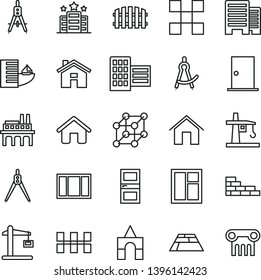 thin line vector icon set - house vector, box of bricks, brick wall, window, frame, ntrance door, interroom, buildings, city block, tile, ceramic tiles, fence, paving slab, home, tower crane, hotel