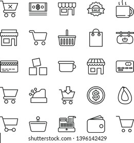 thin line vector icon set - grocery basket vector, bank card, children's potty, cubes for children, cart, put in, crossed, kiosk, stick of sausage, cup tea, shopping, antique advertising signboard