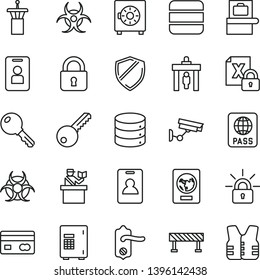 thin line vector icon set - key vector, door knob, road fence, lock, passport, big data, strongbox, reverse side of a bank card, encrypting, biohazard, airport tower, identity, security gate, access