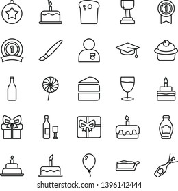 thin line vector icon set - tassel vector, balloon, cake, birthday, Easter, muffin, piece of, slice, torte, lollipop, glass, bottle, gift, giftbox, gold cup, man with medal, graduate, star, pennant
